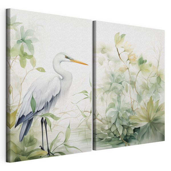 Oiseau blanc au long bec, debout devant une plante Impression sur toile modulaire Oiseau blanc au long bec, debout devant une plante
