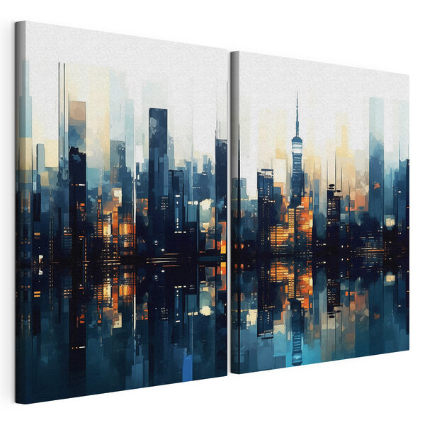 Impression sur toile modulaire Silhouette de la ville se reflétant dans l'eau