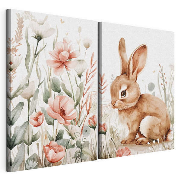 Lapin et fleurs Impression sur toile modulaire Lapin et fleurs
