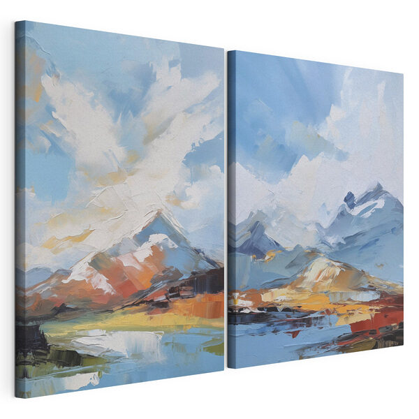 Impression sur toile modulaire Peinture représentant des montagnes et de l'eau