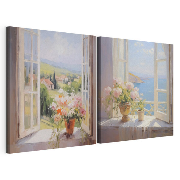 Peinture représentant des fleurs sur un rebord de fenêtre Impression sur toile modulaire Peinture représentant des fleurs sur un rebord de fenêtre