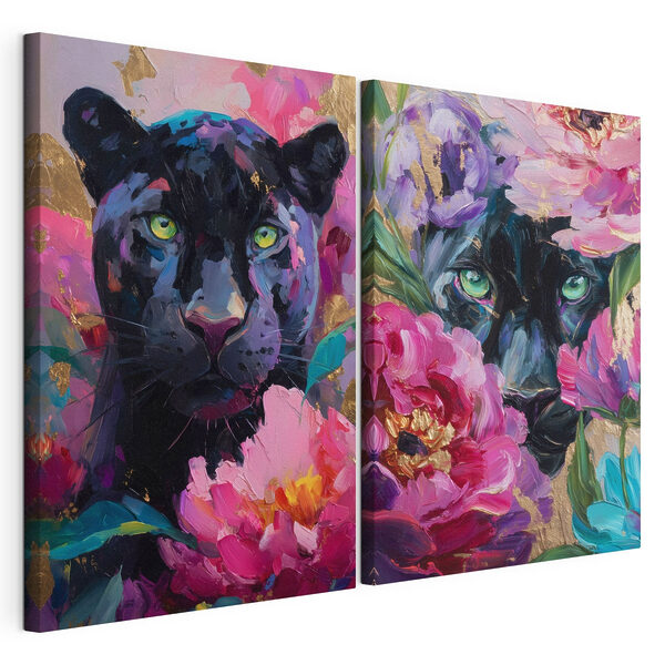 Impression sur toile modulaire Tableau représentant une panthère et une panthère entourée de fleurs