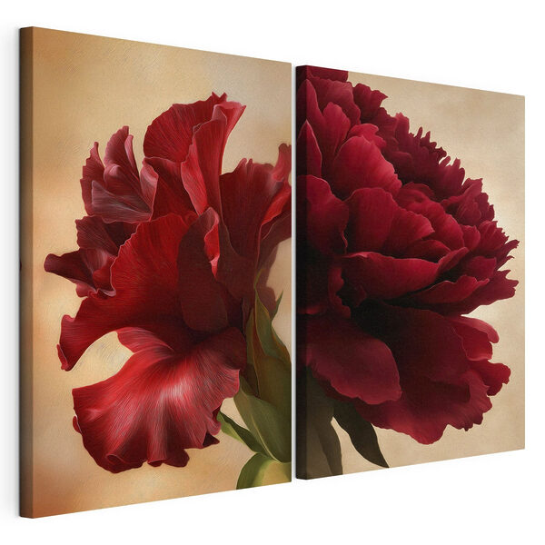 Impression sur toile modulaire Des fleurs d'un rouge éclatant baignées d'une lumière douce