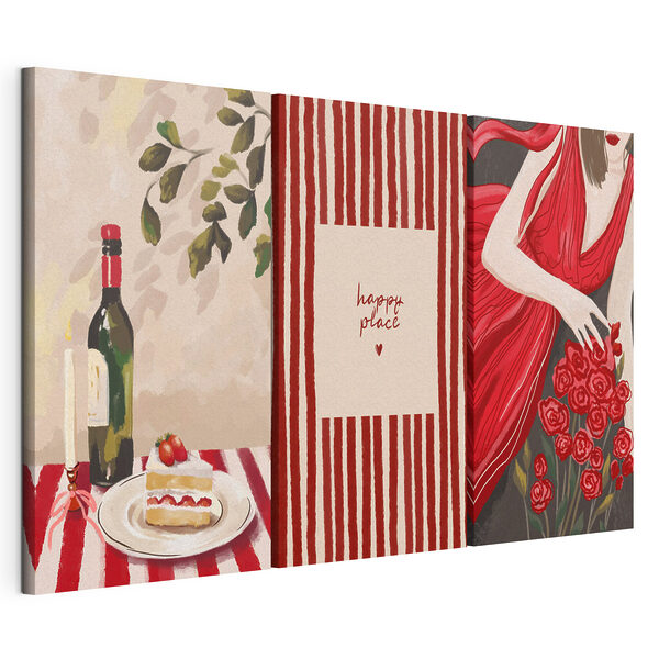 Collage représentant une femme tenant un bouquet de roses et une bougie Impression sur toile modulaire Collage représentant une femme tenant un bouquet de roses et une bougie