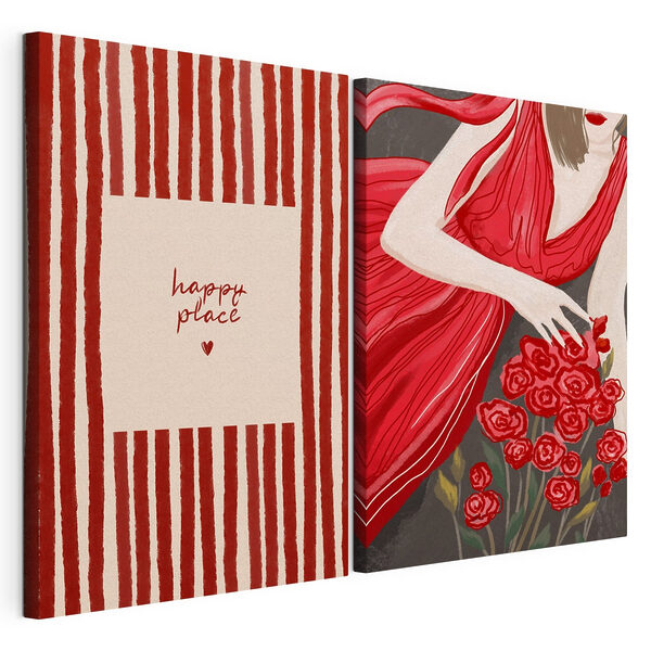 Une femme en robe rouge tenant des fleurs Impression sur toile modulaire Une femme en robe rouge tenant des fleurs