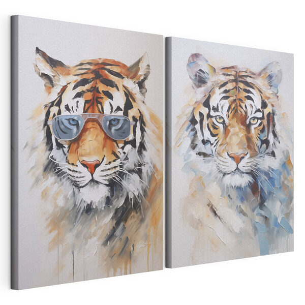 Impression sur toile modulaire Deux photos de tigres portant des lunettes de soleil