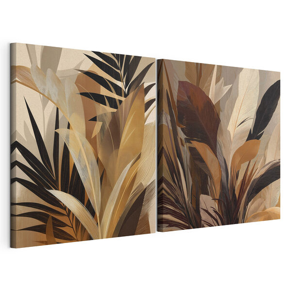 Teintes naturelles des motifs de feuillage superposés Impression sur toile modulaire Teintes naturelles des motifs de feuillage superposés