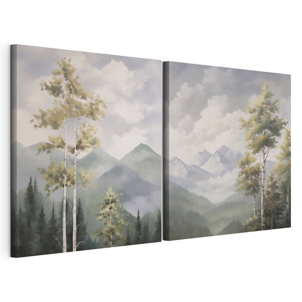 Peinture représentant des montagnes et des arbres Impression sur toile modulaire Peinture représentant des montagnes et des arbres
