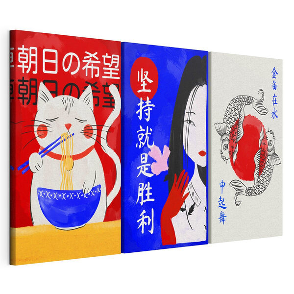 Impression sur toile modulaire Collage de bannières représentant des poissons et un cercle rouge