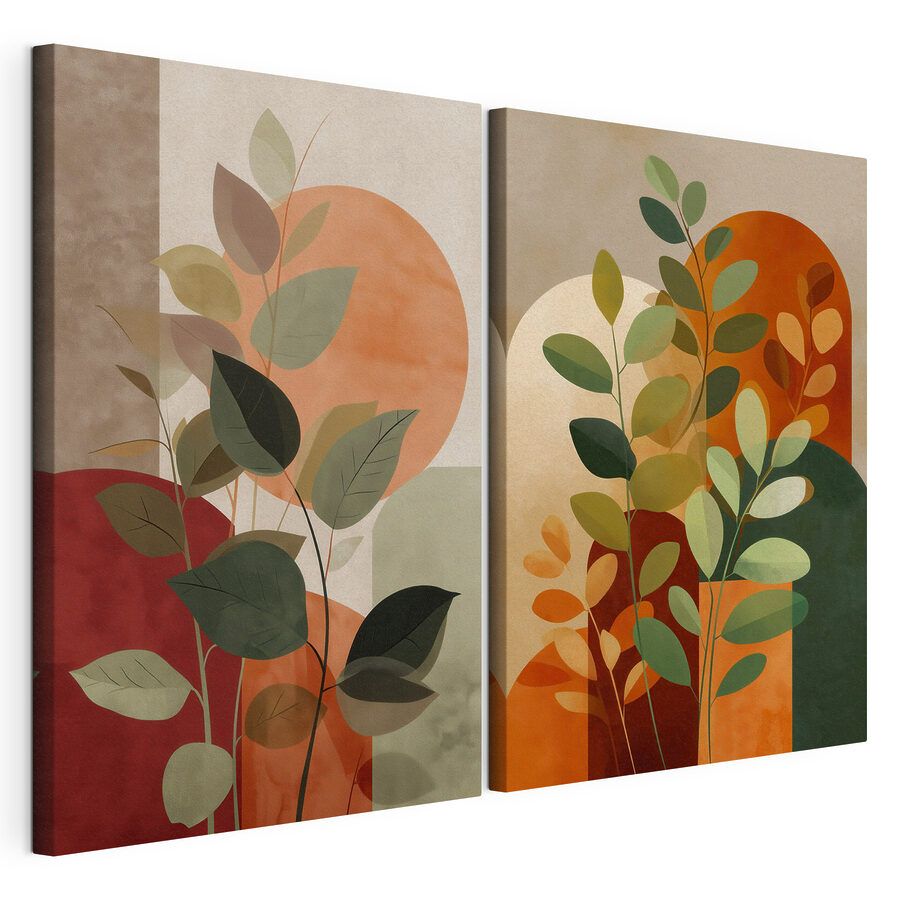 Tableau modulaire Peinture représentant des feuilles et un soleil (UGS : m30266)