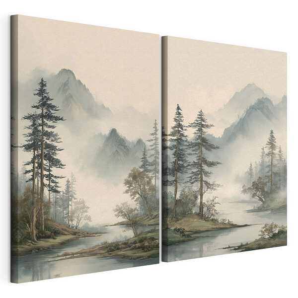 Tableau représentant une rivière, des arbres et des montagnes Impression sur toile modulaire Tableau représentant une rivière, des arbres et des montagnes