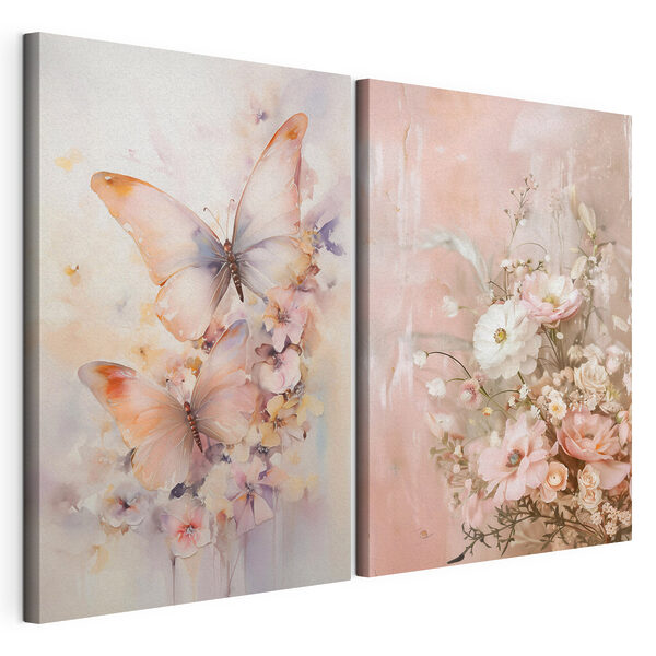 Impression sur toile modulaire Deux tableaux représentant des fleurs et des papillons
