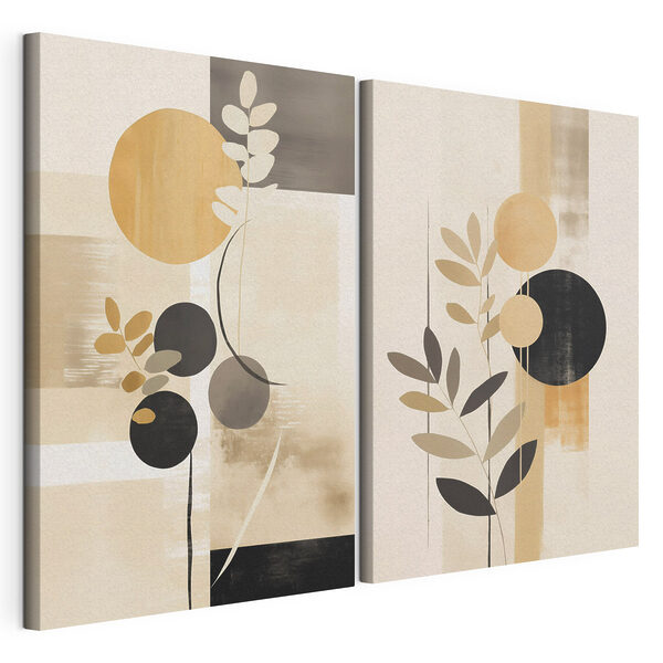Deux tableaux représentant des cercles et des feuilles Impression sur toile modulaire Deux tableaux représentant des cercles et des feuilles