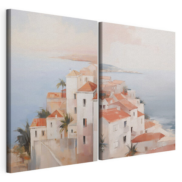 Peinture représentant une ville perchée sur une falaise Impression sur toile modulaire Peinture représentant une ville perchée sur une falaise