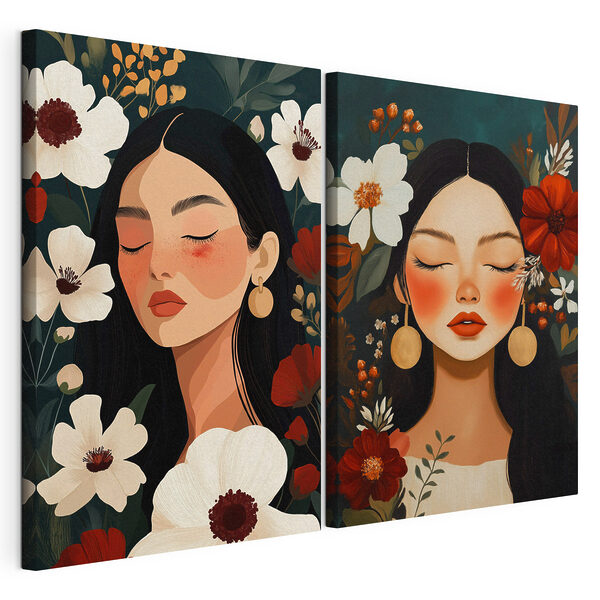 Des visages sereins au milieu de fleurs aux couleurs éclatantes Impression sur toile modulaire Des visages sereins au milieu de fleurs aux couleurs éclatantes