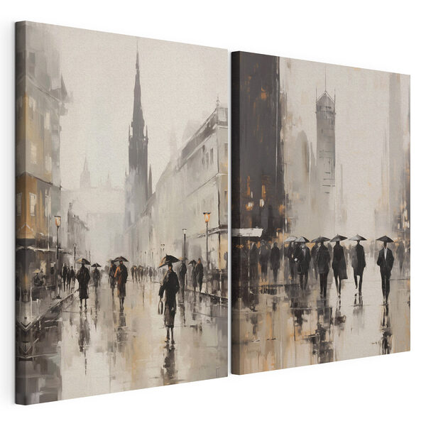 Impression sur toile modulaire Tableau représentant des personnes marchant avec des parapluies
