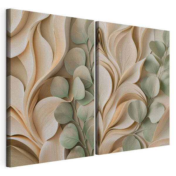 Des compositions de feuilles aux couleurs pastel, disposées en couches, qui respirent la sérénité Impression sur toile modulaire Des compositions de feuilles aux couleurs pastel, disposées en couches, qui respirent la sérénité