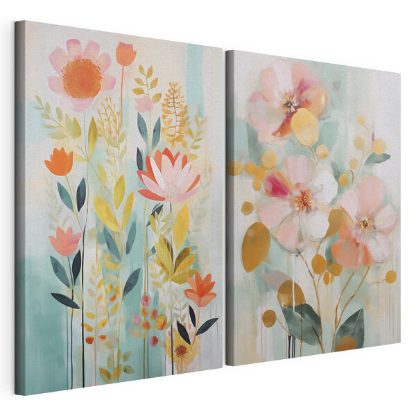 Deux tableaux représentant des fleurs et des feuilles Impression sur toile modulaire Deux tableaux représentant des fleurs et des feuilles