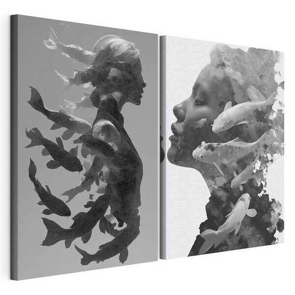 Profil d'une femme avec un poisson et de l'eau Impression sur toile modulaire Profil d'une femme avec un poisson et de l'eau