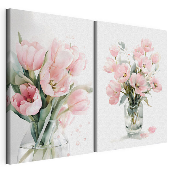 Deux fleurs roses dans un vase Impression sur toile modulaire Deux fleurs roses dans un vase