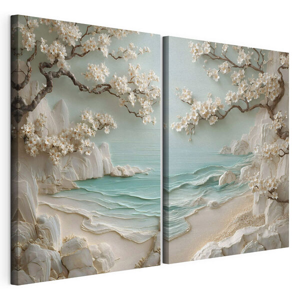 Peinture représentant une plage et un arbre Impression sur toile modulaire Peinture représentant une plage et un arbre