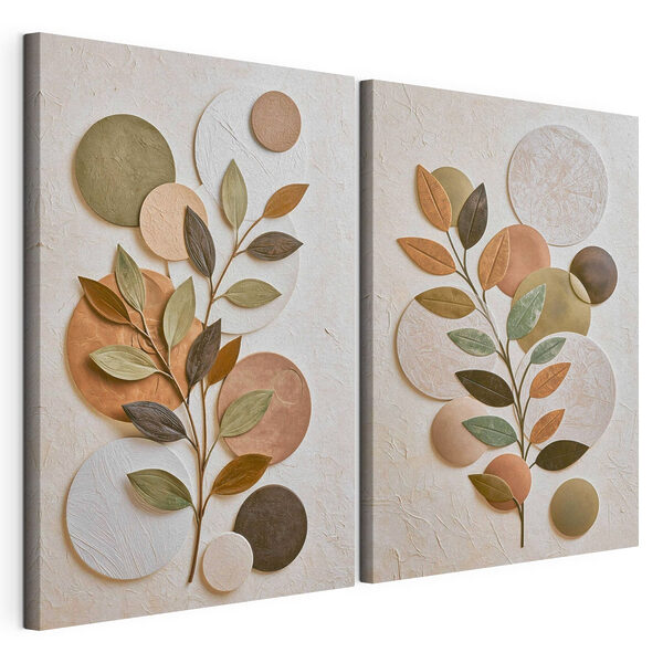 Impression sur toile modulaire Collage représentant une plante avec des feuilles et des cercles