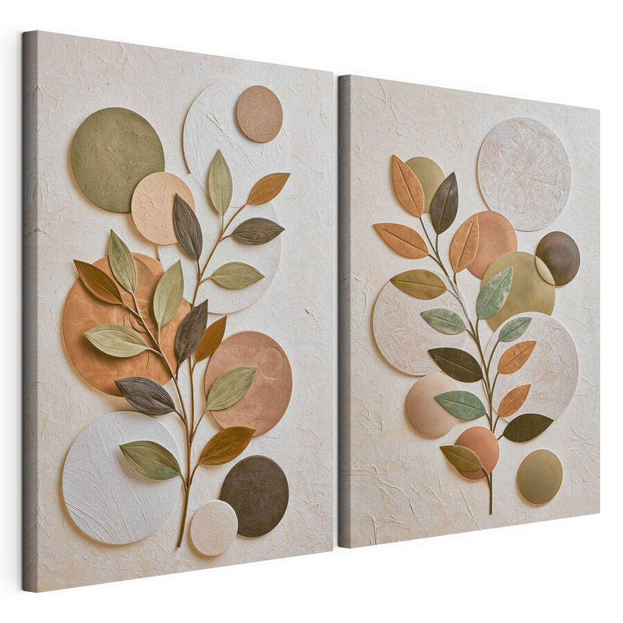 Tableau modulaire Collage représentant une plante avec des feuilles et des cercles (UGS : m30529) Tableau modulaire Collage représentant une plante avec des feuilles et des cercles (UGS : m30529)