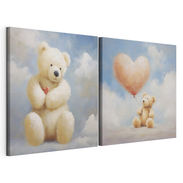 Deux photos d'un ours en peluche tenant un ballon Impression sur toile modulaire Deux photos d'un ours en peluche tenant un ballon