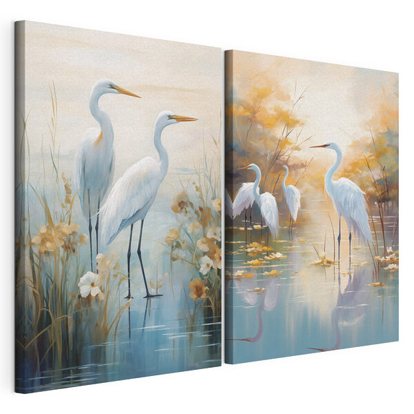 Deux oiseaux blancs dans l'eau Impression sur toile modulaire Deux oiseaux blancs dans l'eau