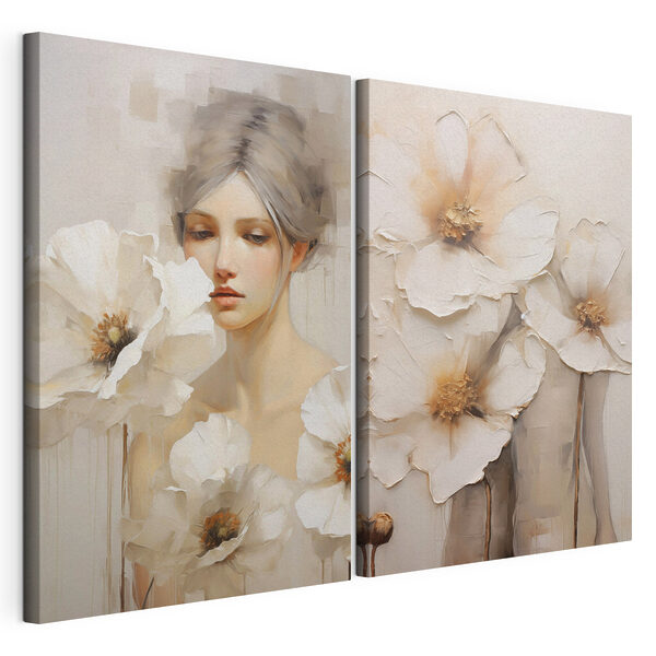 Impression sur toile modulaire Tableau représentant une femme avec des fleurs blanches