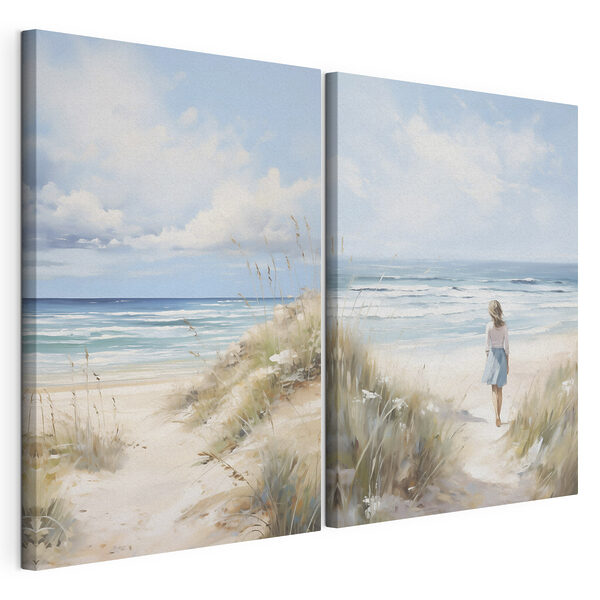 Une femme marchant sur une plage Impression sur toile modulaire Une femme marchant sur une plage