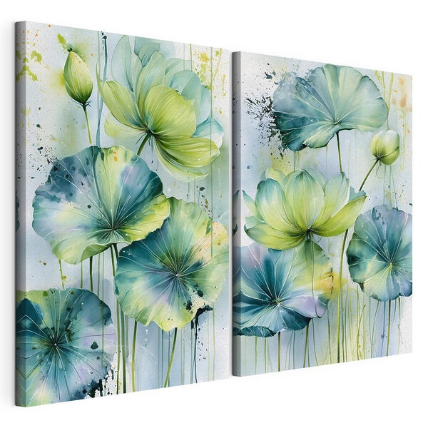 Peinture représentant des fleurs aux feuilles vertes Impression sur toile modulaire Peinture représentant des fleurs aux feuilles vertes