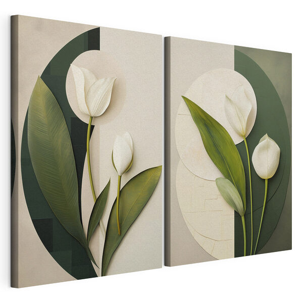 Impression sur toile modulaire Collage de fleurs blanches et de feuilles vertes