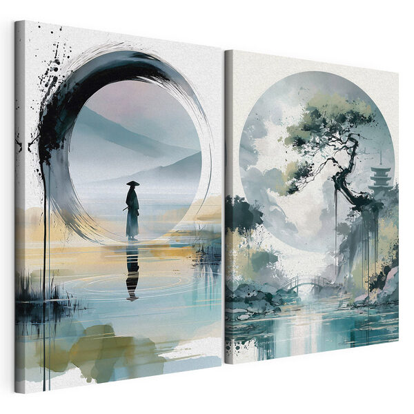 Impression sur toile modulaire Tableau représentant un homme debout dans l'eau et un arbre