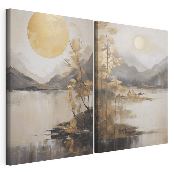 Impression sur toile modulaire Peinture représentant un paysage avec la lune et des montagnes