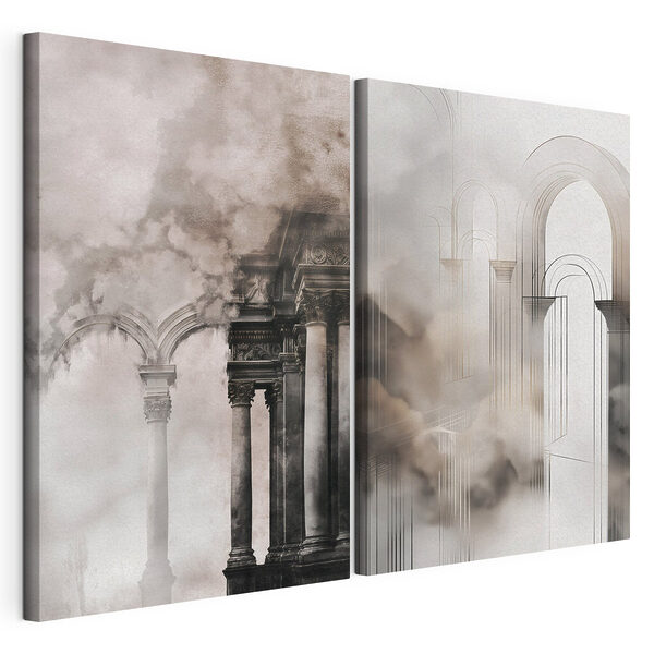 Impression sur toile modulaire Collage représentant un bâtiment avec des colonnes et de la fumée