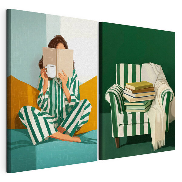 Une femme en pyjama en train de lire un livre, avec une pile de livres à côté d'elle Impression sur toile modulaire Une femme en pyjama en train de lire un livre, avec une pile de livres à côté d'elle