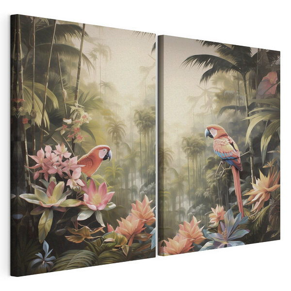 Deux perroquets perchés sur une branche d'arbre dans une forêt Impression sur toile modulaire Deux perroquets perchés sur une branche d'arbre dans une forêt