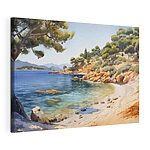 Tableaux Aquarelle représentant une plage avec des arbres et des rochers
