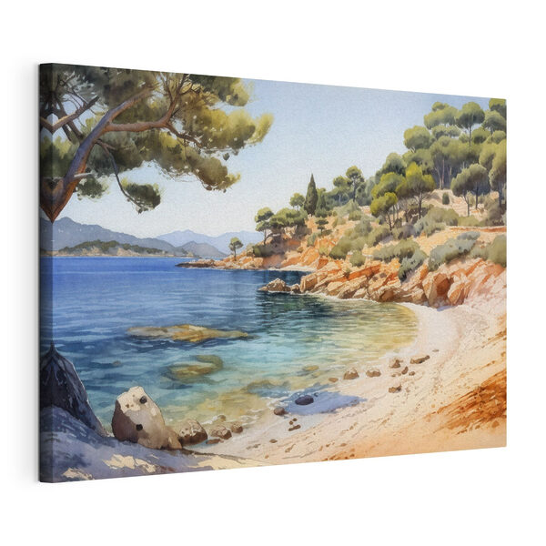 Aquarelle représentant une plage avec des arbres et des rochers Tableaux Aquarelle représentant une plage avec des arbres et des rochers