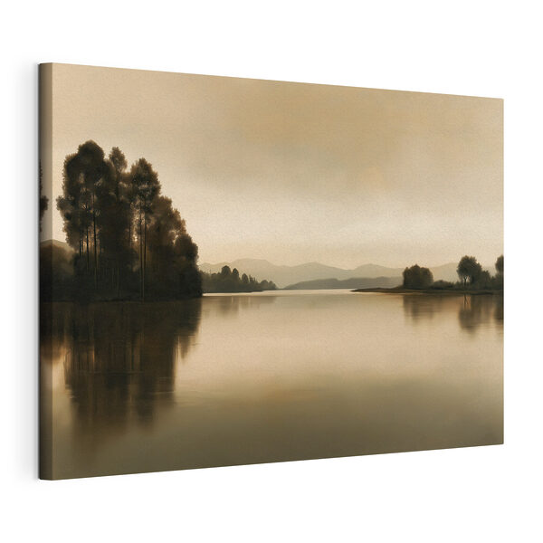 Tableaux Un lac avec des arbres et des montagnes en arrière-plan
