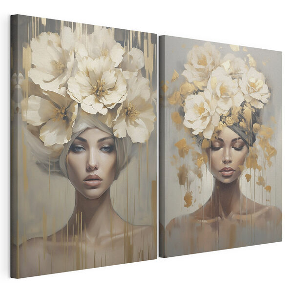 Impression sur toile modulaire Tableau représentant une femme avec des fleurs sur la tête