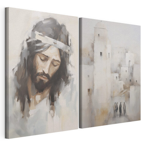 Impression sur toile modulaire Tableau représentant un homme avec une couronne de cheveux et une ville