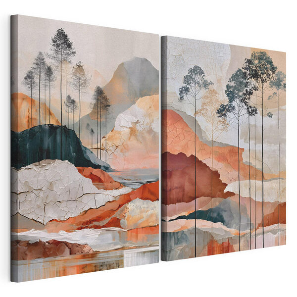 Impression sur toile modulaire Peinture représentant un paysage avec des arbres et de l'eau