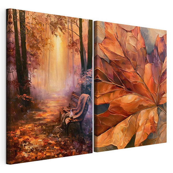 Impression sur toile modulaire Peinture représentant un banc et une feuille