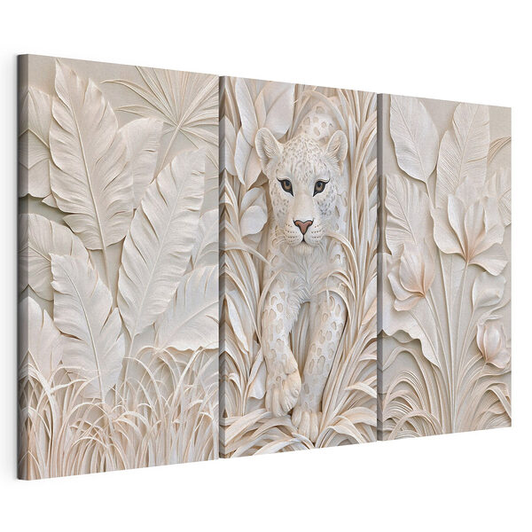 Impression sur toile modulaire Sculpture représentant un tigre blanc avec des feuilles