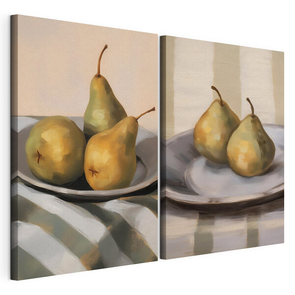 Impression sur toile modulaire Comparaison entre deux poires posées sur une assiette